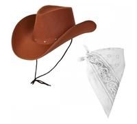 Titch & Timbo Brown Texan Cowboy Hat + Bandana Set : Adult Mens Womens Western Wild West Rodeo Barn Dance Cowgirl Music Festival Pop Tour Fancy Dress Accessory (Paisley Bandana, White Bandana)