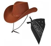 Titch & Timbo Brown Texan Cowboy Hat + Bandana Set : Adult Mens Womens Western Wild West Rodeo Barn Dance Cowgirl Music Festival Pop Tour Fancy Dress Accessory (Paisley Bandana, Black Bandana)