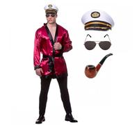 Titch & Timbo Hollywood Batchelor Costume + Captains Hat + Aviator Glasses + Pipe : Adult Men Smoking Jacket Robe Halloween Fancy Dress Party (One Size)