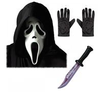 Titch & Timbo Official Scream/Ghost Face® Mask with Hood + Black Gloves + Official Scream/Ghost Face® Bloody Blade : Halloween Horror Fancy Dress Costume Accessory Set