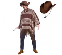Titch & Timbo Western Cowboy Poncho + Dark Brown Texan Hat with Black Bandana Accessory Option : Mens Adult Wild West Drifter Gunman Fancy Dress Costume Set (Poncho + Hat ONLY)