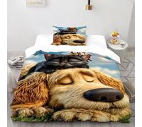 TiTCiveR Cat Dog Bedding Set Theme Bedspread Friendship Pastoral Pets Duvet Cover Set 2 Pieces Chic Breathable Comforter Cover Universal for All Seasons with Pillowcase Single（135x200cm）