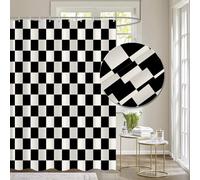 Tititex Aesthetic Checkerboard Grid Pattern Faux Linen Fabric Shower Curtain, White Beige Black Modern Shower Curtain Sets Decoration 71x71 Inch with 12 Hooks