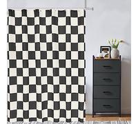 Tititex Aesthetic Checkerboard Grid Pattern Faux Linen Fabric Shower Curtain, White Beige Black Modern Shower Curtain Sets Decoration 60x71 Inch with 12 Hooks