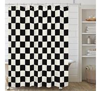 Tititex Aesthetic Checkerboard Grid Pattern Faux Linen Fabric Shower Curtain, White Beige Black Modern Shower Curtain Sets Decoration 71x84 Inch with 12 Hooks