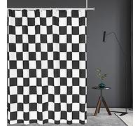 Tititex Aesthetic Checkerboard Grid Pattern Faux Linen Fabric Shower Curtain, White Black Modern Shower Curtain Sets Decoration 71x71 Inch with 12 Hooks