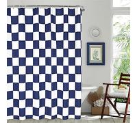Tititex Aesthetic Checkerboard Grid Pattern Faux Linen Fabric Shower Curtain, White Navy Blue Modern Shower Curtain Sets Decoration 71x71 Inch with 12 Hooks