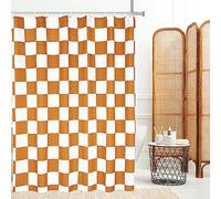 Tititex Aesthetic Checkerboard Grid Pattern Faux Linen Fabric Shower Curtain, White Vibrant Orange Modern Shower Curtain Sets Decoration 71x71 Inch with 12 Hooks
