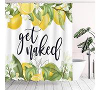Tititex Cute Lemon Leaves Shower Curtain Sets, Get Naked Funny Quotes White Flowers Bathroom Decoration 71x71 Inch with Hooks