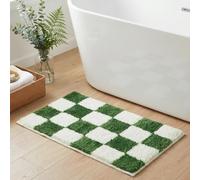 Tititex Luxury Green White Checkered Grid Bathroom Rug, 16"x24" Classic Checkerboard Extra Soft and Absorbent Microfiber Bath Rugs, Non-Slip Plush Shaggy Bath Carpet for Bathroom Floor