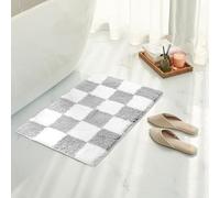 Tititex Luxury Grey White Checkered Grid Bath Mat, 16''x24'' Classic Checkerboard Extra Soft and Absorbent Microfiber Bath Rugs, Non-Slip Plush Shaggy Bath Carpet for Bathroom Floor