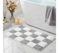 Tititex Luxury Grey White Checkered Grid Bath Mat, 16''x24'' Classic Checkerboard Extra Soft and Absorbent Microfiber Bath Rugs, Non-Slip Plush Shaggy Bath Carpet for Bathroom Floor