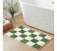 Tititex Luxury Olive White Checkered Grid Bath Mat, 16''x24'' Classic Checkerboard Extra Soft and Absorbent Microfiber Bath Rugs, Non-Slip Plush Shaggy Bath Carpet for Bathroom Floor