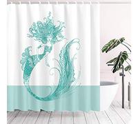 Tititex Mermaid White Shower Curtain Decor, Aqua Fish Tail Mythological Mermaid Young Girl Cartoon Series Bathroom Curtain Sets with Hooks 72x72 Inch