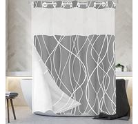 Tititex No Hooks Snap in Liner Abstract Curve Lines Grey White Shower Curtain, Hotel Luxury Double Layers Hookless Waterproof Fabric & See-Through Top Window Bathroom Decorative 71x71 Inch