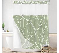 Tititex No Hooks Snap in Liner Abstract Curve Lines Sage Green White Shower Curtain, Hotel Luxury Double Layers Without Hooks Waterproof Fabric & See-Through Top Window Bathroom 71x71 Inch