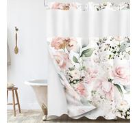 Tititex No Hooks Snap in Liner Blooming Bright Pink White Roses Floral Green Leaves Shower Curtain, Hotel Luxury Double Layers Waterproof Fabric & See-through Top Window Bathroom Decorative 72x72 Inch