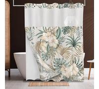 Tititex No Hooks Snap in Liner Green Gold Leaves White Floral Shower Curtain, Hotel Luxury Double Layers Waterproof Fabric & See-Through Top Window Bathroom Decorative 72x72 Inch