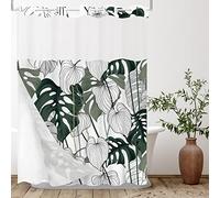 Tititex No Hooks Snap in Liner Tropical Botanical Palm Leaves Shower Curtain Sets, Hotel Luxury Double Layers Waterproof Fabric & See-Through Top Window Bathroom Decorative 72x72 Inch