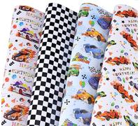 Titiweet Race Car Wrapping Paper - 6 Large Sheets Race Car Checkred Flag Birthday Wrapping Paper for Boys Girls, 39.4 x 27.6 Inches Per Sheet (Race Car Birthday)