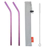 TiTo 2Pcs Titanium Metal Straw Reusable Colorful Ultralight Drinking Straws with Cleaning Brush and Bag for Smoothie, Milkshake, Cocktail and Hot Drinks(Rose,Bent)