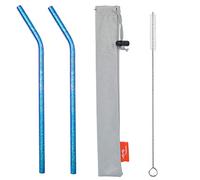 TiTo 2Pcs Titanium Metal Straw Reusable Colorful Ultralight Drinking Straws with Cleaning Brush and Bag for Smoothie, Milkshake, Cocktail and Hot Drinks(Blue,Bent)