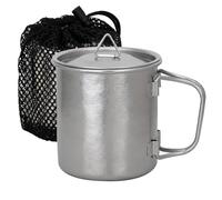 TiTo Titanium Cup Titanium Pot with Lid Ultralight Portable 300ml Foldable Handle Camping Tea Coffee Water Mug for Outdoor Backpacking Hiking Picnic Drinkware with Mesh Sack (Titanium)