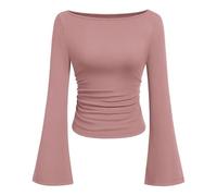 TITOMD Women's Long Sleeve Shirts 2025 Fall Crop Work Tops Casual Boat Neck Bell Sleeve Ribbed Ruched Top, Dusty Pink, L