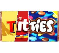 TITTIES Chocolate Novelty Wrappers Insults Valentines Day Love Gift Present Rude Funny (CHOCOLATE BAR NOT INCLUDED)