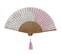 Tiuimk Chinese Japanese Fans Oriental Sakura Silk Fabric Bamboo Fan Foldable Hand For Women Wedding Party Home Decorations Pink Beige