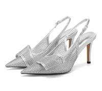 Tiuucoet Women's Mesh Slingback Heels with Bow Crystal Rhinestone Closed Pointed Toe Pumps with Adjustable Strap 3.3" High Heels for Evening Dress Shoes, Silver, 8 UK