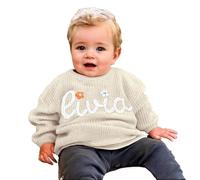 Tivhelrf Handcrafted Baby Knit Sweater with Custom Embroidered Name or Monogram, Specialized Gift for Infant Girl, Boy, Toddler, Kid 0-6M Speckled White