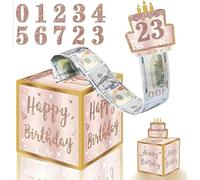 Tivleed Birthday Money Box Cash Gift Pull, Money Gift Box for Cash Gifts, Birthday Money Box with DIY Stickers for Any Age, Surprise Pull Out Gift Box for Girls Women (2, Pink-Gold)