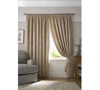 Tivoli, Latte Lined Curtains, Trailing Leave Floral Jacquard Design, Pencil Pleat Curtain Pairs, 90" x 90"
