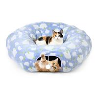 Tivray Christmas Cat Tunnels for Indoor Cats, 35'' Plush Cat Tunnel Bed Christmas Tree Skirt with Playful Ball and Circle Cushion, Foldable Peekaboo Cave, Interactive Toy, Blue&Cloud