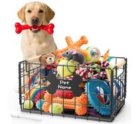 Tivray Dog Toy Basket, Chew-Proof Metal Dog Toy Bin with Handles, Pet Stuff Storage Organizer Box for Dogs with Marker Pen, Portable & Foldable Puppy Toys Basket for Living Room, 15.8''×11.8''×11.8''
