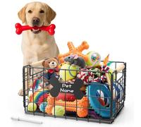 Tivray Dog Toy Basket, Chew-Proof Metal Dog Toy Bin with Handles, Pet Stuff Storage Organizer Box for Dogs with Marker Pen, Portable & Foldable Puppy Toys Basket for Living Room, 15''×10.63''×8.27''