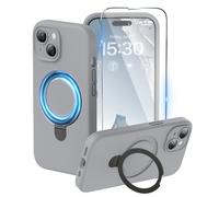 TIVSAN Magnetic Stand Case for iPhone 15 Case, Invisible Ring Stand Liquid Silicone Compatible with MagSafe [1X Screen Protector] Shockproof Cover for iPhone 15 6.1 inch, Grey