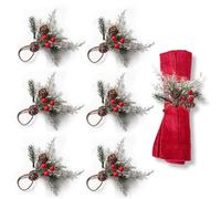 TIVUNORON 6 Pieces Rustic Red & Brown Pinecone, Pine Needle, Snowflake, Berry Napkin Rings