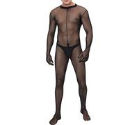 Tiwate Men'S Long Sleeve Mesh Bodysuit One-Piece Fishnet Leotard Catsuit See Through Singlet Wrestling Underwear (Black 1,L)