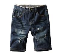 Tiwate Men's Ripped Distressed Jean Shorts Broken Holes Slim Fit Stretch Denim Short Pants Casual Straight Leg Jeans Shorts (Dark Blue,36)