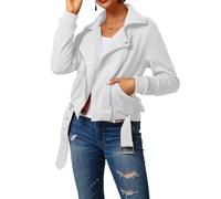 Tiwate Women's Lapel Belt Cropped Jacket Long Sleeve Fall Winter Sweatshirts Solid Color Loose Casual Short Outwear (White,S)