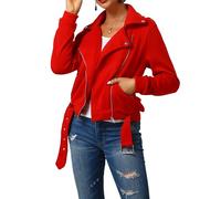 Tiwate Women's Lapel Belt Cropped Jacket Long Sleeve Fall Winter Sweatshirts Solid Color Loose Casual Short Outwear (Red,M)