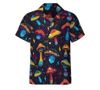 TiwBski Funny Mushroom Graphic Button Down Shirt for Men Short Sleeve Colorful Beach Shirt Hawaiian Shirts, Black/M1, XXL