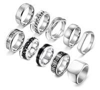 Tiwindx 10 Pcs Men's Stainless Steel Rings Cool Band Vintage Fidget Spinner Chain Ring for Men Simple Wedding Engagement Rings Set, 8 UK, Metal, No Gemstone