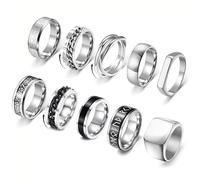 Tiwindx 10 Pcs Men's Stainless Steel Rings Cool Band Vintage Fidget Spinner Chain Ring for Men Simple Wedding Engagement Rings Set, 7 UK, Metal, No Gemstone