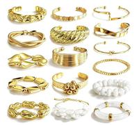 Tiwindx 16 Pcs Gold Bangle Bracelet for Women Stackable Twisted Beaded Pearl Irregular Vintage Boho Cuff Bracelets Adjustable Chunky Bracelet Set