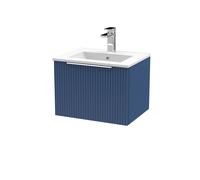 Tixall Fluted 1 Drawer Wall Hung Vanity Unit with Minimalist Basin, Satin Blue, 500mm