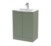 Tixall Fluted 2 Door Floor Standing Vanity Unit with Minimalist Basin, Satin Green, 600mm