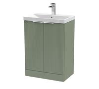Tixall Fluted 2 Door Floor Standing Vanity Unit with Thin Edge Basin, Satin Green, 600mm